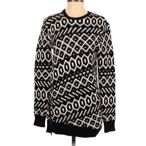 Ann Taylor Geometric Black/White Wool Asymmetrical Zip Sweater | S - Picture 1 of 7